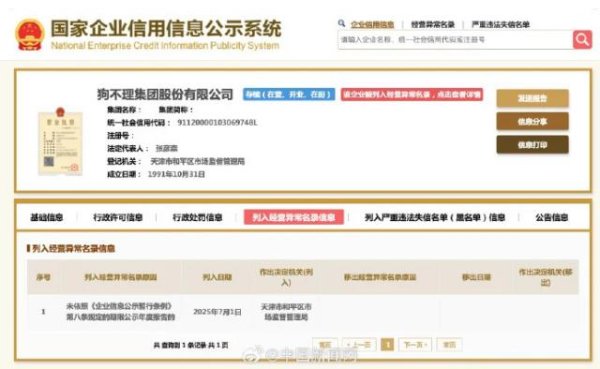 启天配资 狗不理集团被列入经营异常名录